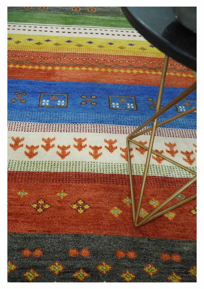 Tribal Gabbeh Green, Rust, Blue and Gold Hand knotted Antique Style Traditional Wool Area Rug.