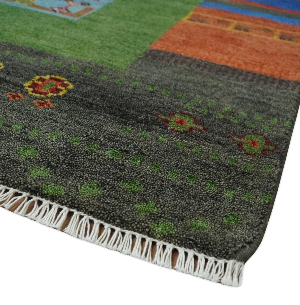 Tribal Gabbeh Green, Rust, Blue and Gold Hand knotted Antique Style Traditional Wool Area Rug.