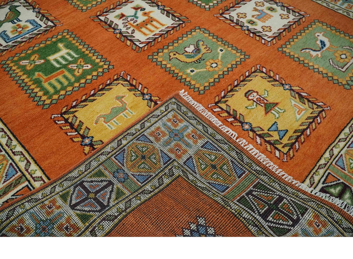 Tribal Gabbeh Rust, Ivory, Green and Beige Hand knotted Multi Size Antique Look Traditional Wool Area Rug.