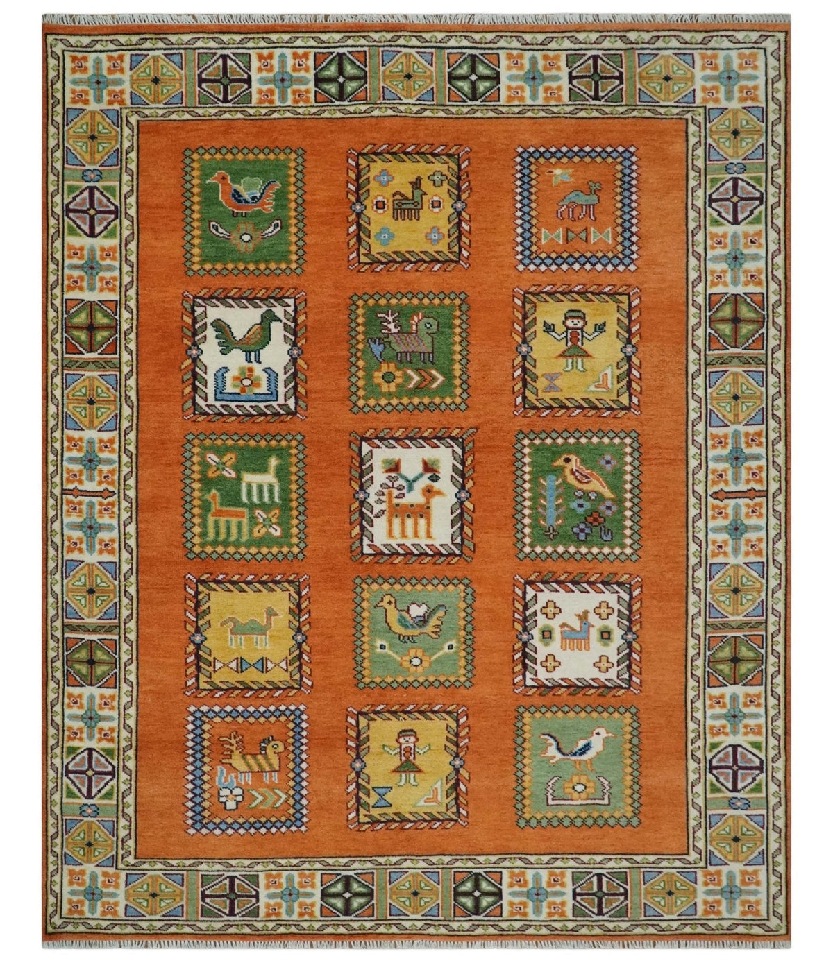 Tribal Gabbeh Rust, Ivory, Green and Beige Hand knotted Multi Size Antique Look Traditional Wool Area Rug.