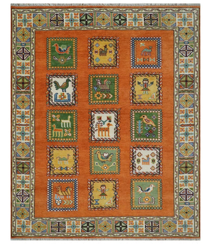 Tribal Gabbeh Rust, Ivory, Green and Beige Hand knotted Multi Size Antique Look Traditional Wool Area Rug.
