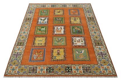 Tribal Gabbeh Rust, Ivory, Green and Beige Hand knotted Multi Size Antique Look Traditional Wool Area Rug.