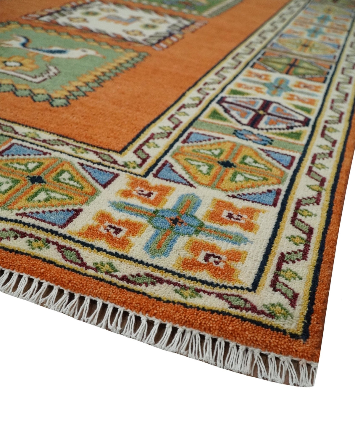 Tribal Gabbeh Rust, Ivory, Green and Beige Hand knotted Multi Size Antique Look Traditional Wool Area Rug.