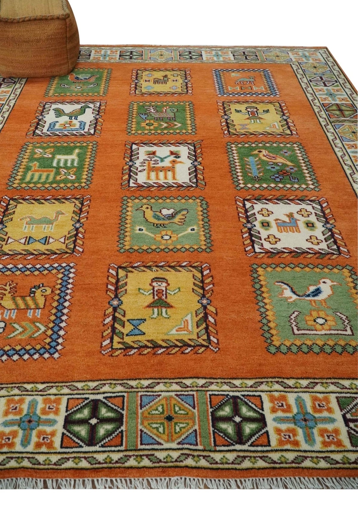 Tribal Gabbeh Rust, Ivory, Green and Beige Hand knotted Multi Size Antique Look Traditional Wool Area Rug.