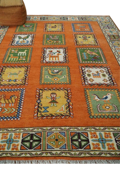 Tribal Gabbeh Rust, Ivory, Green and Beige Hand knotted Multi Size Antique Look Traditional Wool Area Rug.