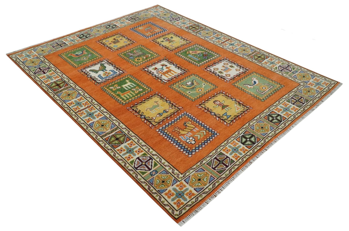 Tribal Gabbeh Rust, Ivory, Green and Beige Hand knotted Multi Size Antique Look Traditional Wool Area Rug.