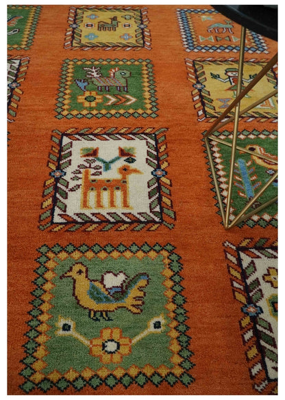 Tribal Gabbeh Rust, Ivory, Green and Beige Hand knotted Multi Size Antique Look Traditional Wool Area Rug.