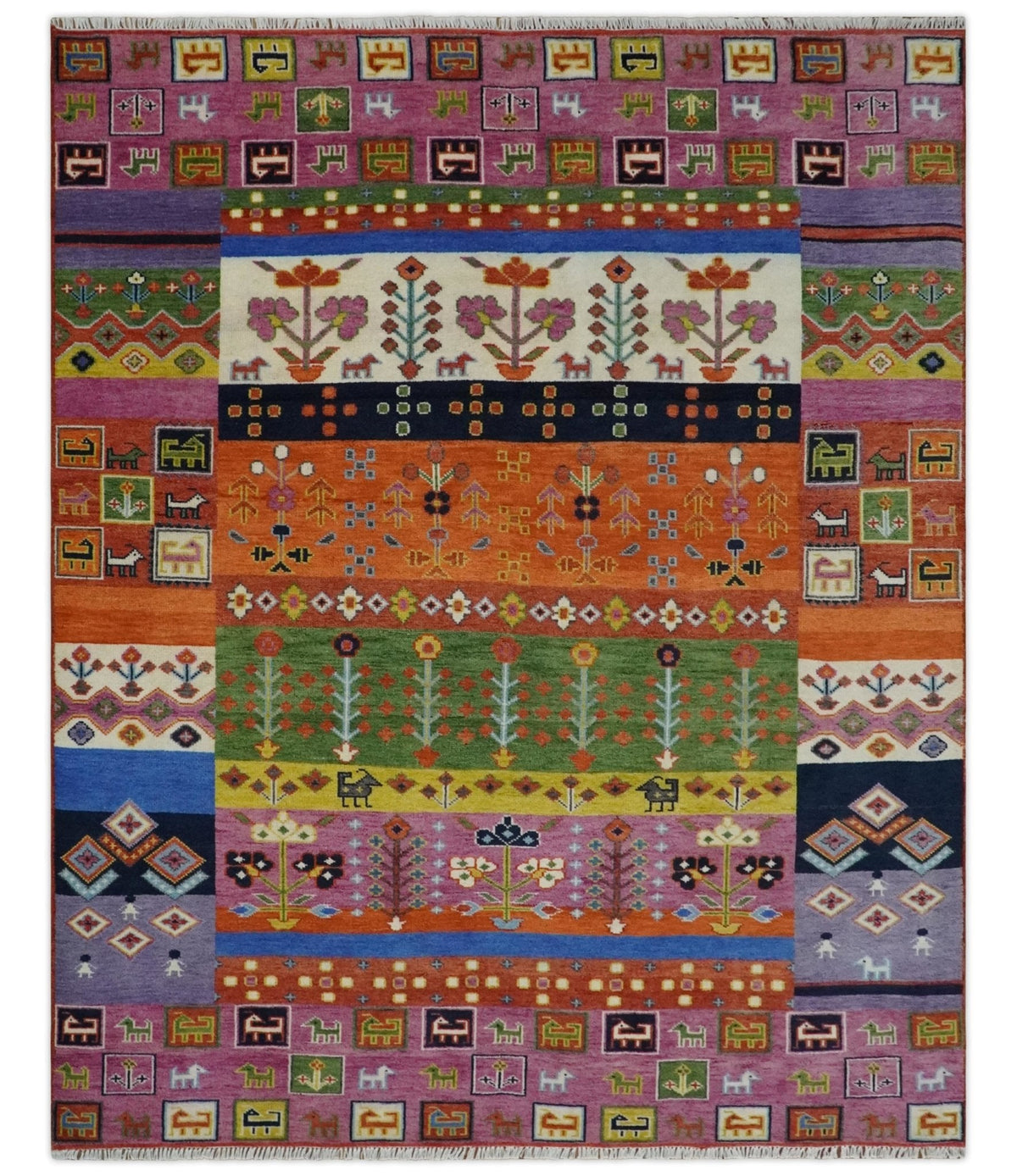 Tribal Gabbeh Rust, Ivory, Green and Pink Hand knotted Antique Look Traditional Wool Area Rug.