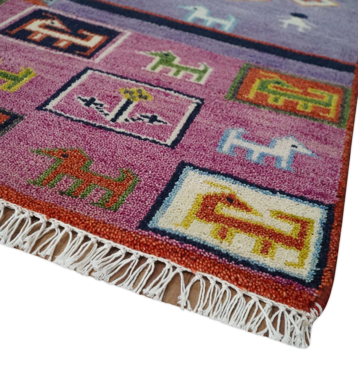 Tribal Gabbeh Rust, Ivory, Green and Pink Hand knotted Antique Look Traditional Wool Area Rug.