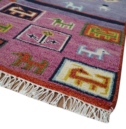 Tribal Gabbeh Rust, Ivory, Green and Pink Hand knotted Antique Look Traditional Wool Area Rug.
