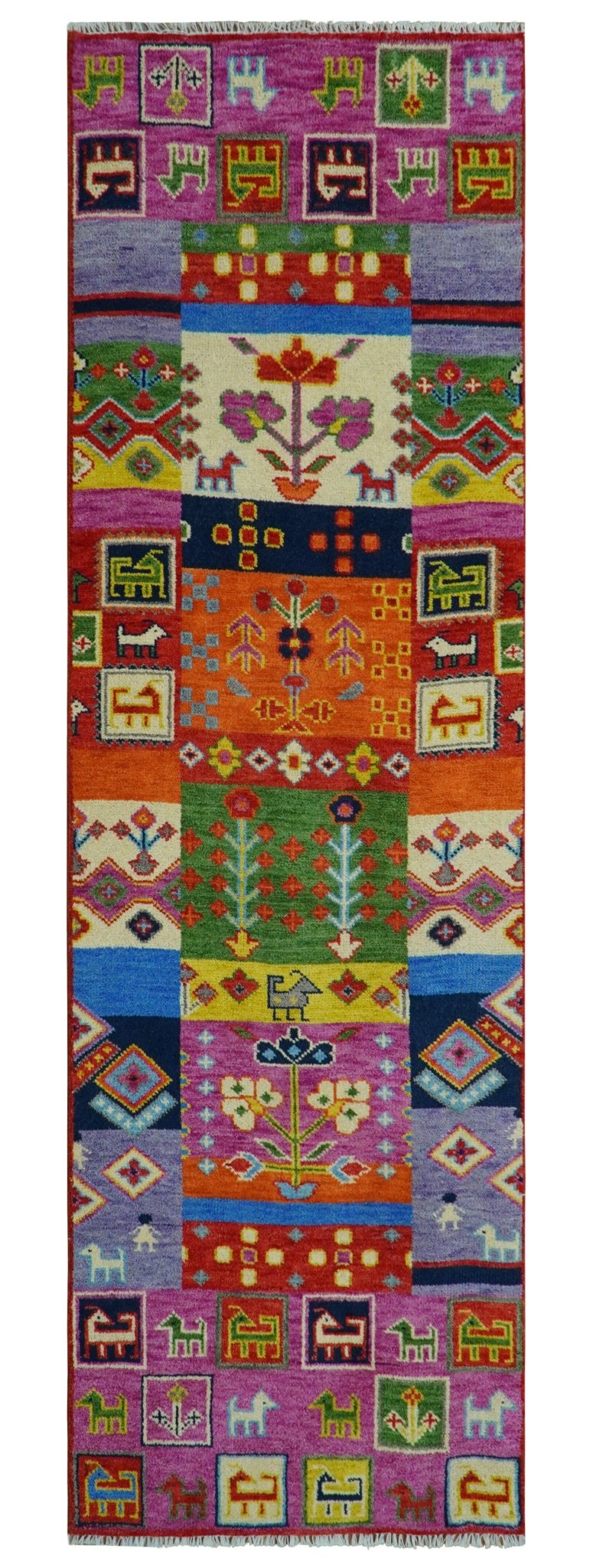 Tribal Gabbeh Rust, Ivory, Green and Pink Hand knotted Antique Look Traditional Wool Area Rug.