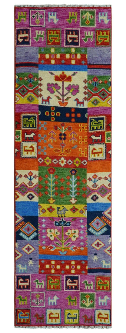 Tribal Gabbeh Rust, Ivory, Green and Pink Hand knotted Antique Look Traditional Wool Area Rug.