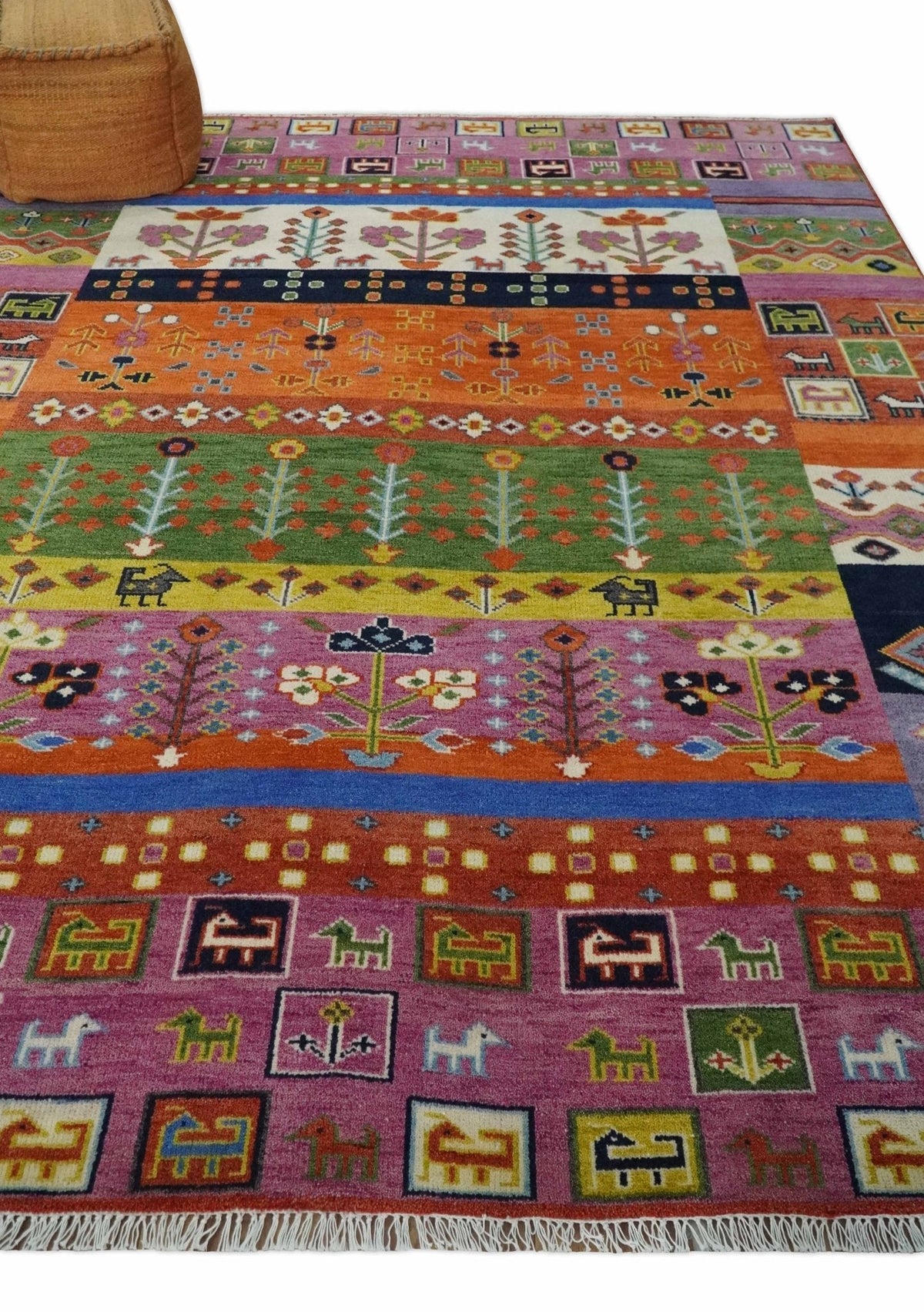 Tribal Gabbeh Rust, Ivory, Green and Pink Hand knotted Antique Look Traditional Wool Area Rug.