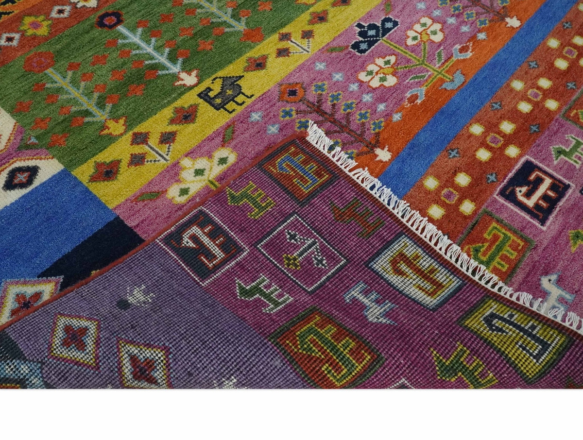 Tribal Gabbeh Rust, Ivory, Green and Pink Hand knotted Antique Look Traditional Wool Area Rug.