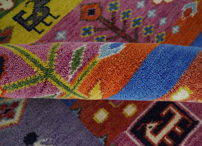 Tribal Gabbeh Rust, Ivory, Green and Pink Hand knotted Antique Look Traditional Wool Area Rug.
