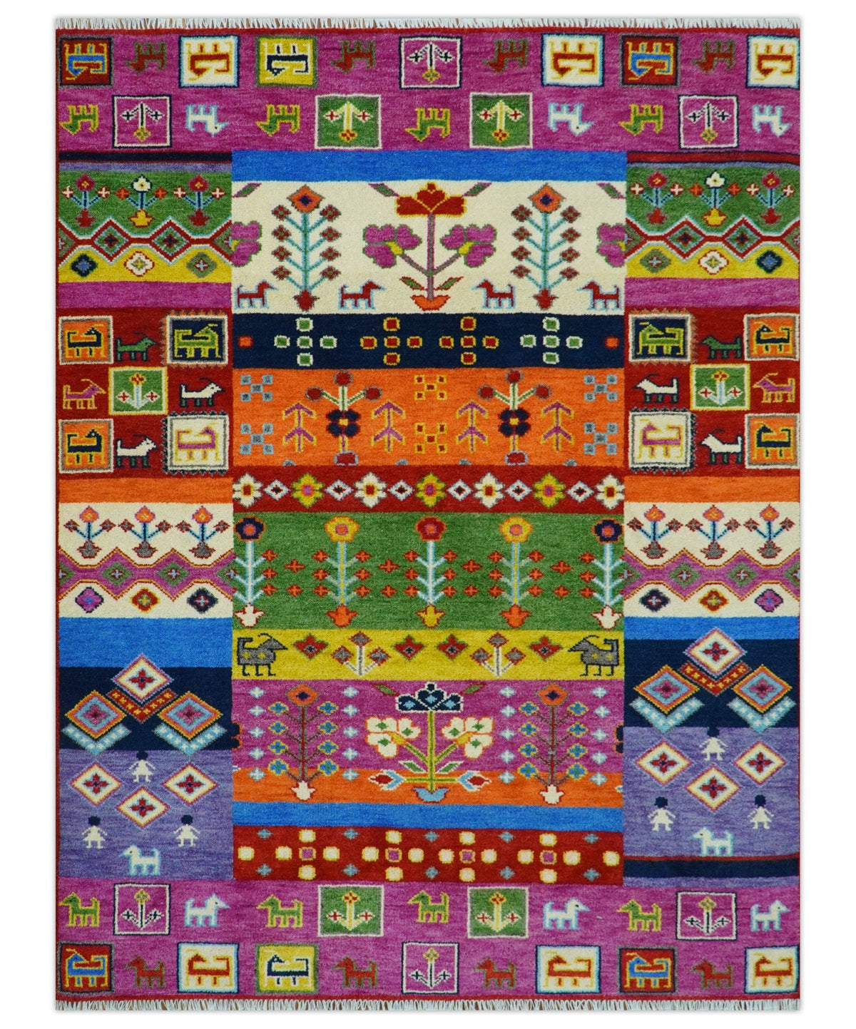 Tribal Gabbeh Rust, Ivory, Green and Pink Hand knotted Antique Look Traditional Wool Area Rug.