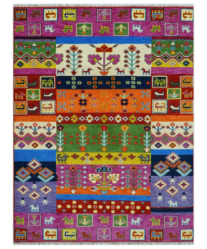 Tribal Gabbeh Rust, Ivory, Green and Pink Hand knotted Antique Look Traditional Wool Area Rug.