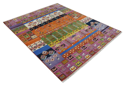Tribal Gabbeh Rust, Ivory, Green and Pink Hand knotted Antique Look Traditional Wool Area Rug.