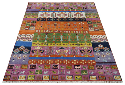 Tribal Gabbeh Rust, Ivory, Green and Pink Hand knotted Antique Look Traditional Wool Area Rug.