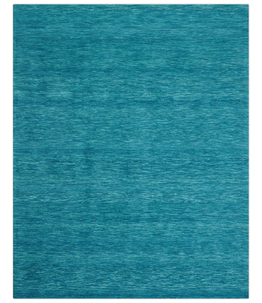 Trident Custom Made Solid Modern Blue Hand Tufted Wool Area Rug.