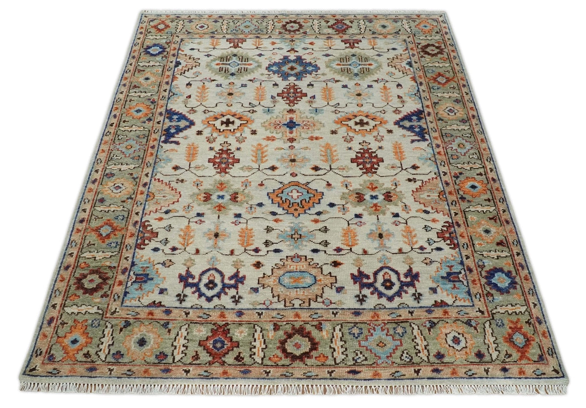 Turkish Knot Ivory and Green Colorful Traditional Multi Size Hand knotted Oushak Rug.