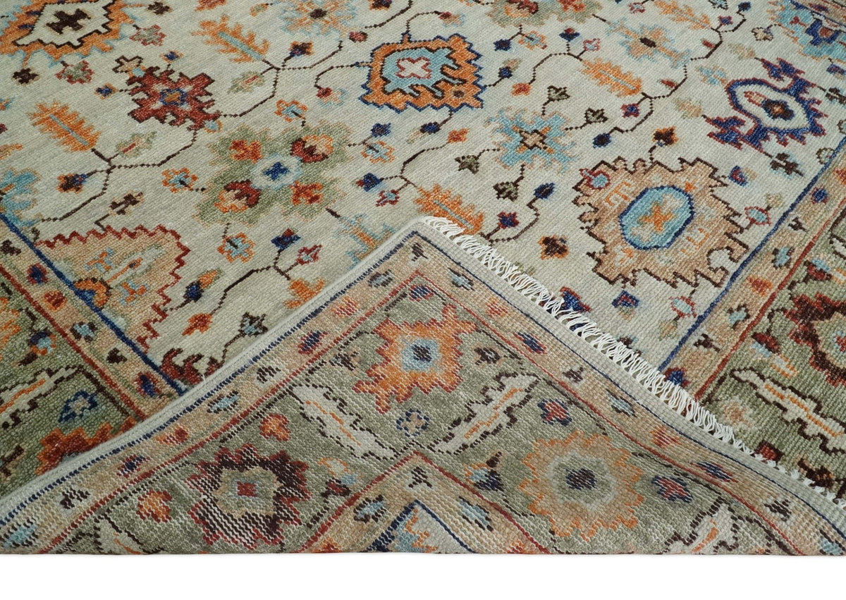 Turkish Knot Ivory and Green Colorful Traditional Multi Size Hand knotted Oushak Rug.