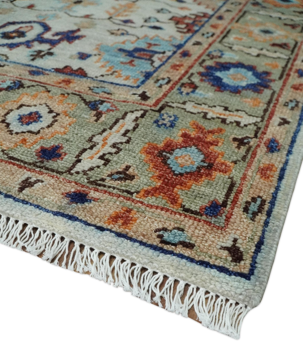 Turkish Knot Ivory and Green Colorful Traditional Multi Size Hand knotted Oushak Rug.
