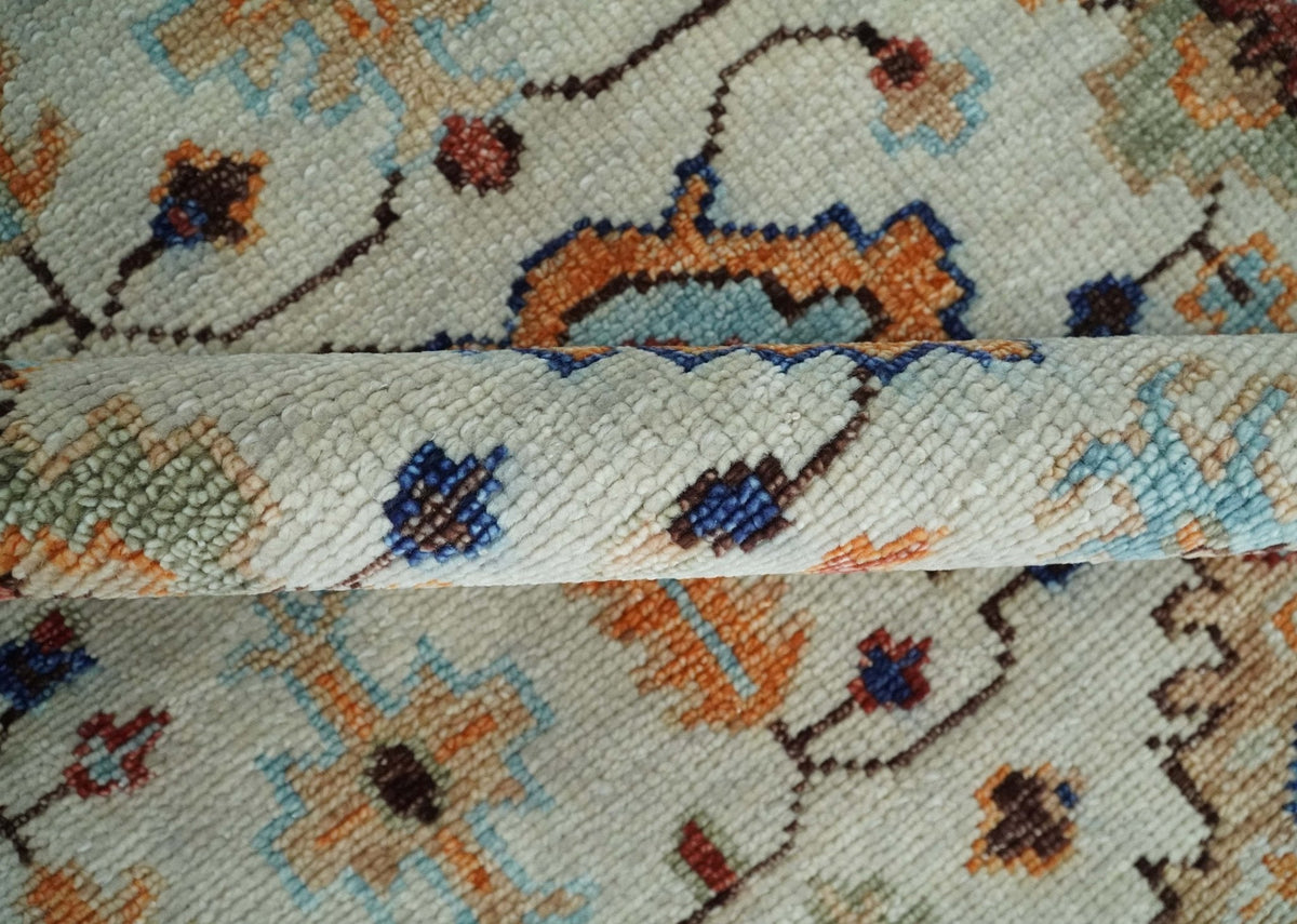 Turkish Knot Ivory and Green Colorful Traditional Multi Size Hand knotted Oushak Rug.