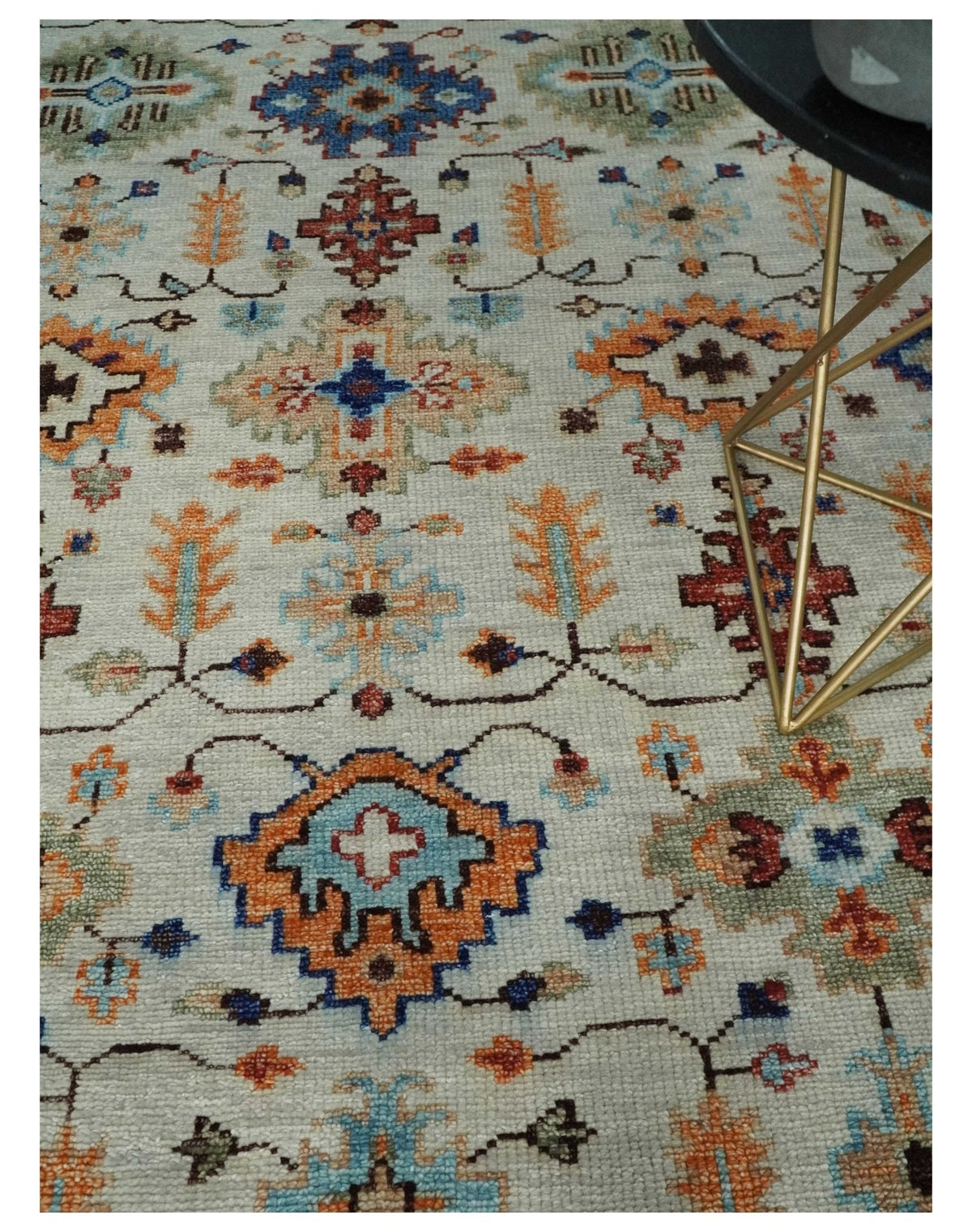Turkish Knot Ivory and Green Colorful Traditional Multi Size Hand knotted Oushak Rug.