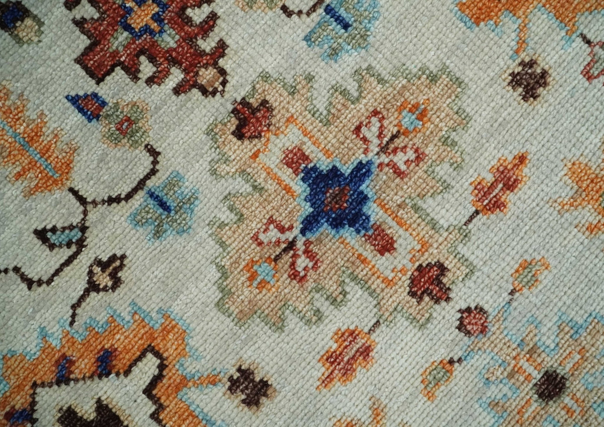 Turkish Knot Ivory and Green Colorful Traditional Multi Size Hand knotted Oushak Rug.