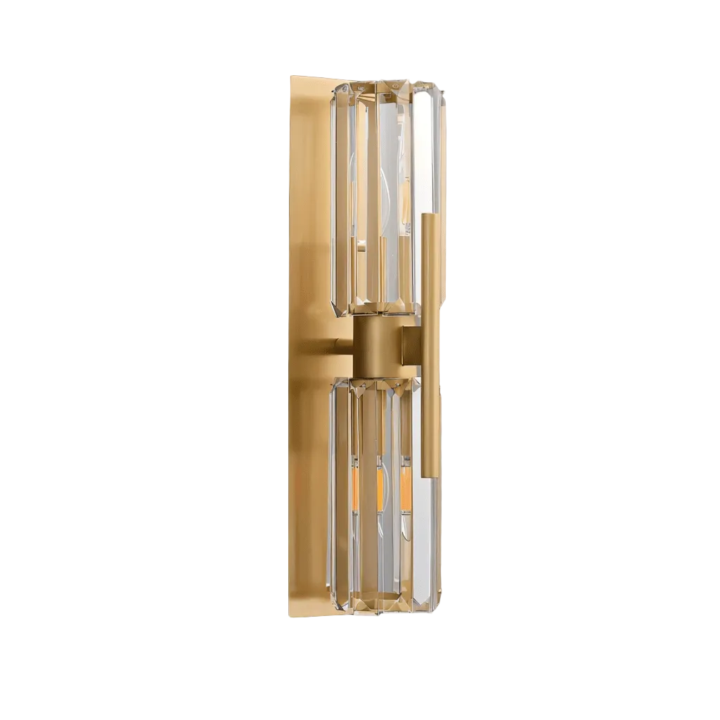 Gold wall sconce with glass panels on a gray background