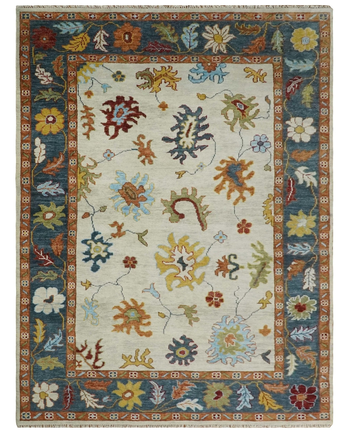 Hand Knotted Beige, Teal and Rust Traditional Oushak Multi size Wool Area Rug.