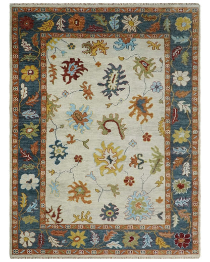 Hand Knotted Beige, Teal and Rust Traditional Oushak Multi size Wool Area Rug.