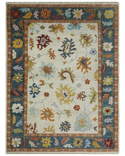 Hand Knotted Beige, Teal and Rust Traditional Oushak Multi size Wool Area Rug.