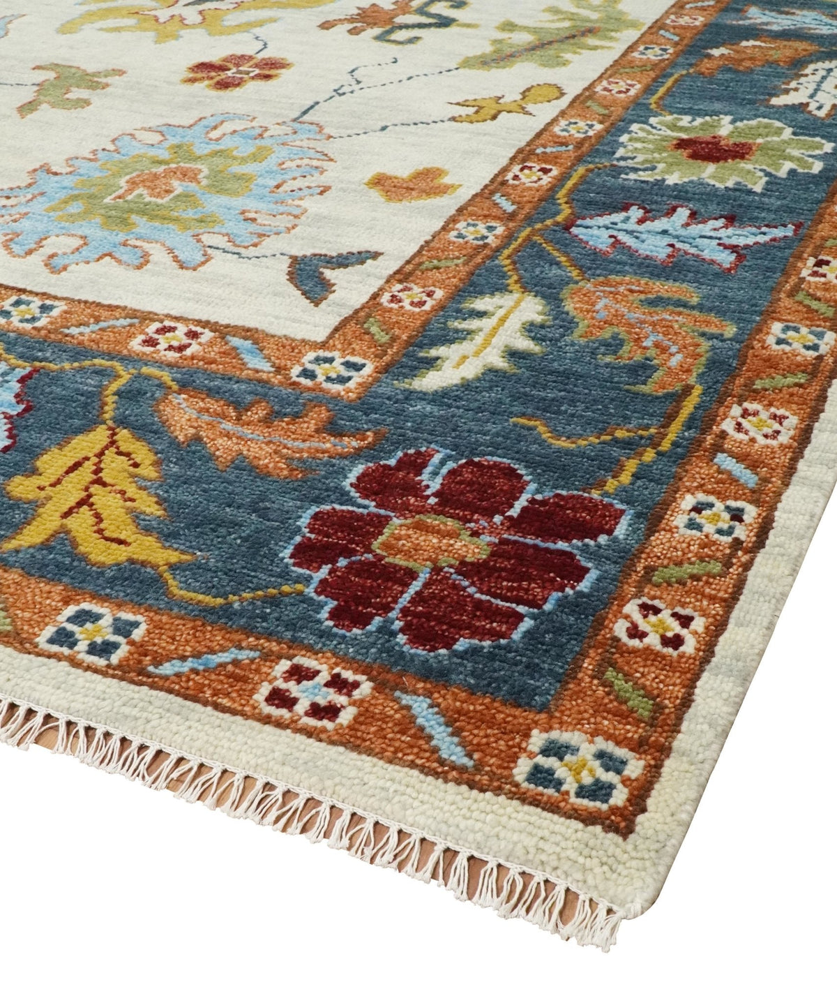 Hand Knotted Beige, Teal and Rust Traditional Oushak Multi size Wool Area Rug.