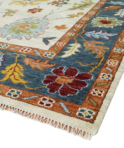 Hand Knotted Beige, Teal and Rust Traditional Oushak Multi size Wool Area Rug.