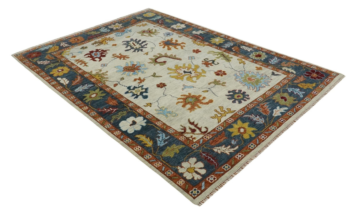 Hand Knotted Beige, Teal and Rust Traditional Oushak Multi size Wool Area Rug.