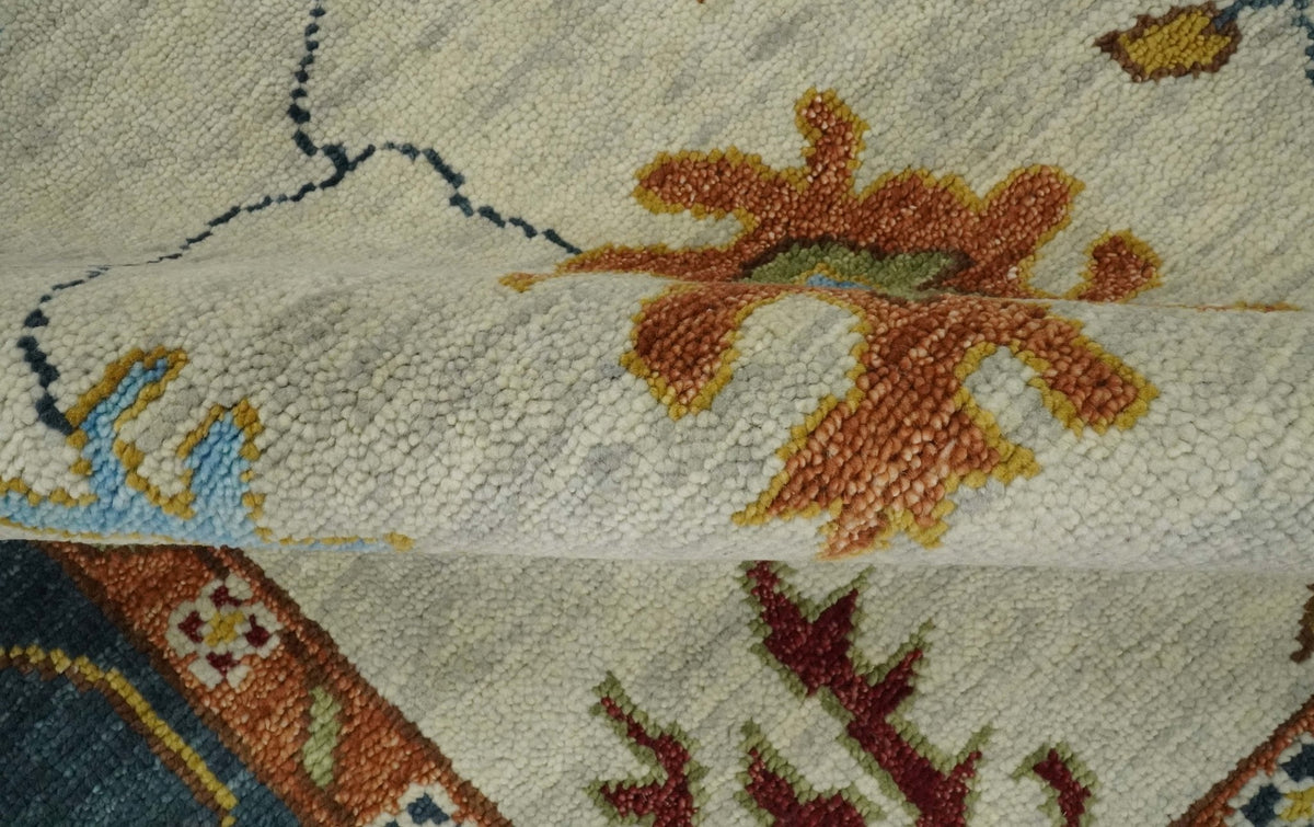 Hand Knotted Beige, Teal and Rust Traditional Oushak Multi size Wool Area Rug.