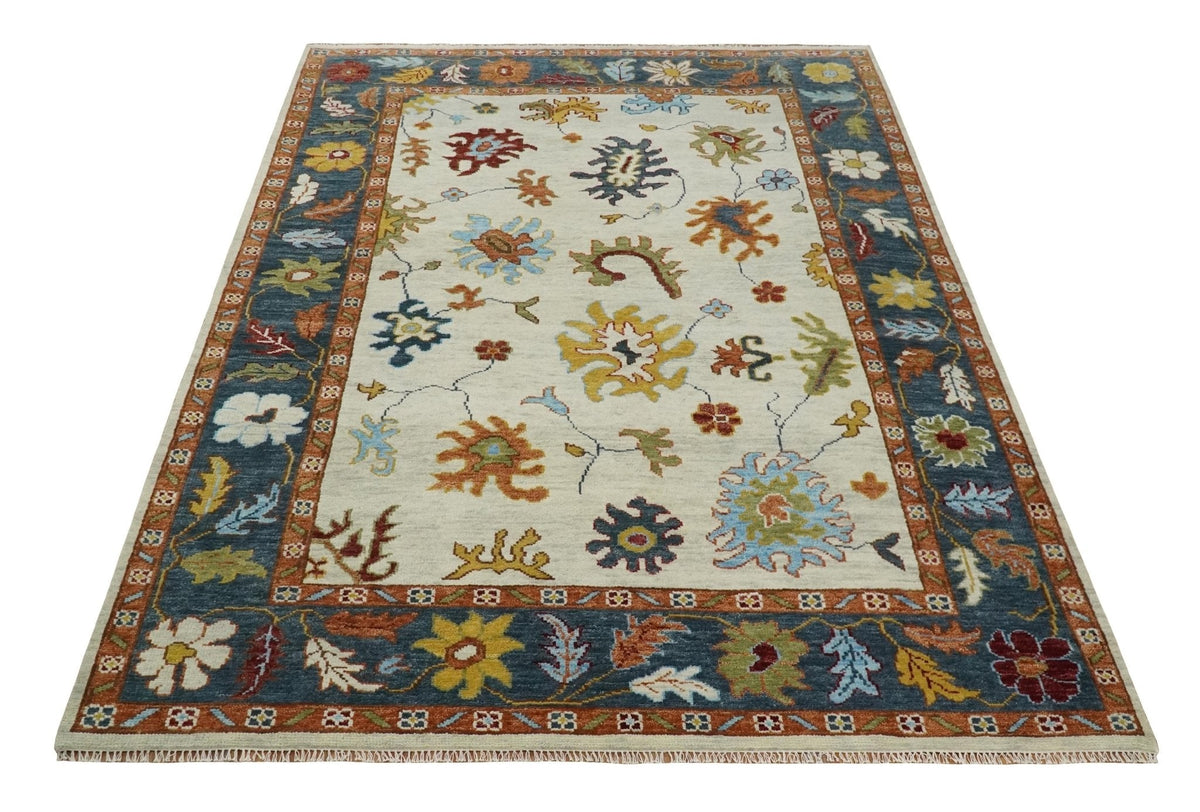 Hand Knotted Beige, Teal and Rust Traditional Oushak Multi size Wool Area Rug.