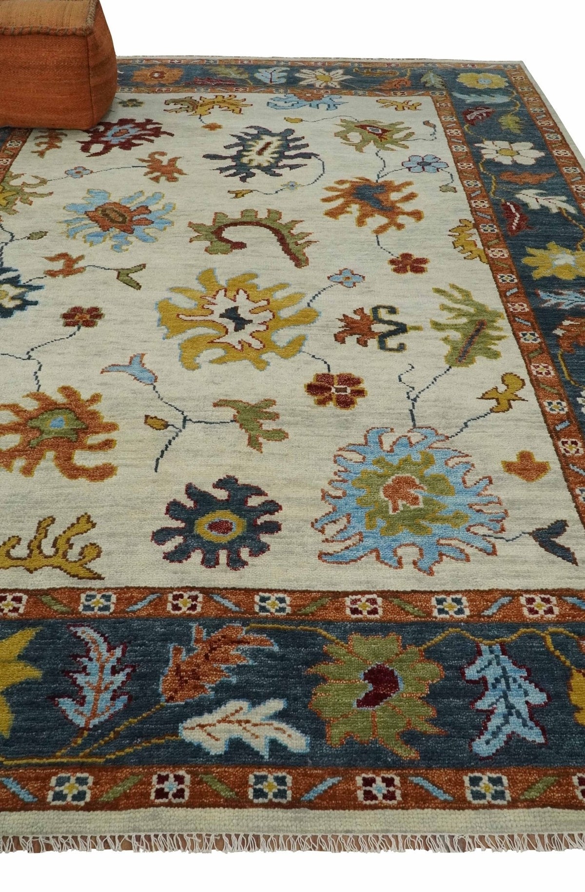 Hand Knotted Beige, Teal and Rust Traditional Oushak Multi size Wool Area Rug.