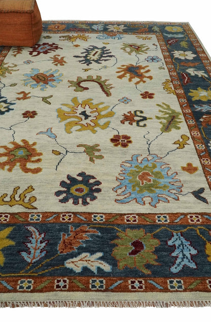 Hand Knotted Beige, Teal and Rust Traditional Oushak Multi size Wool Area Rug.