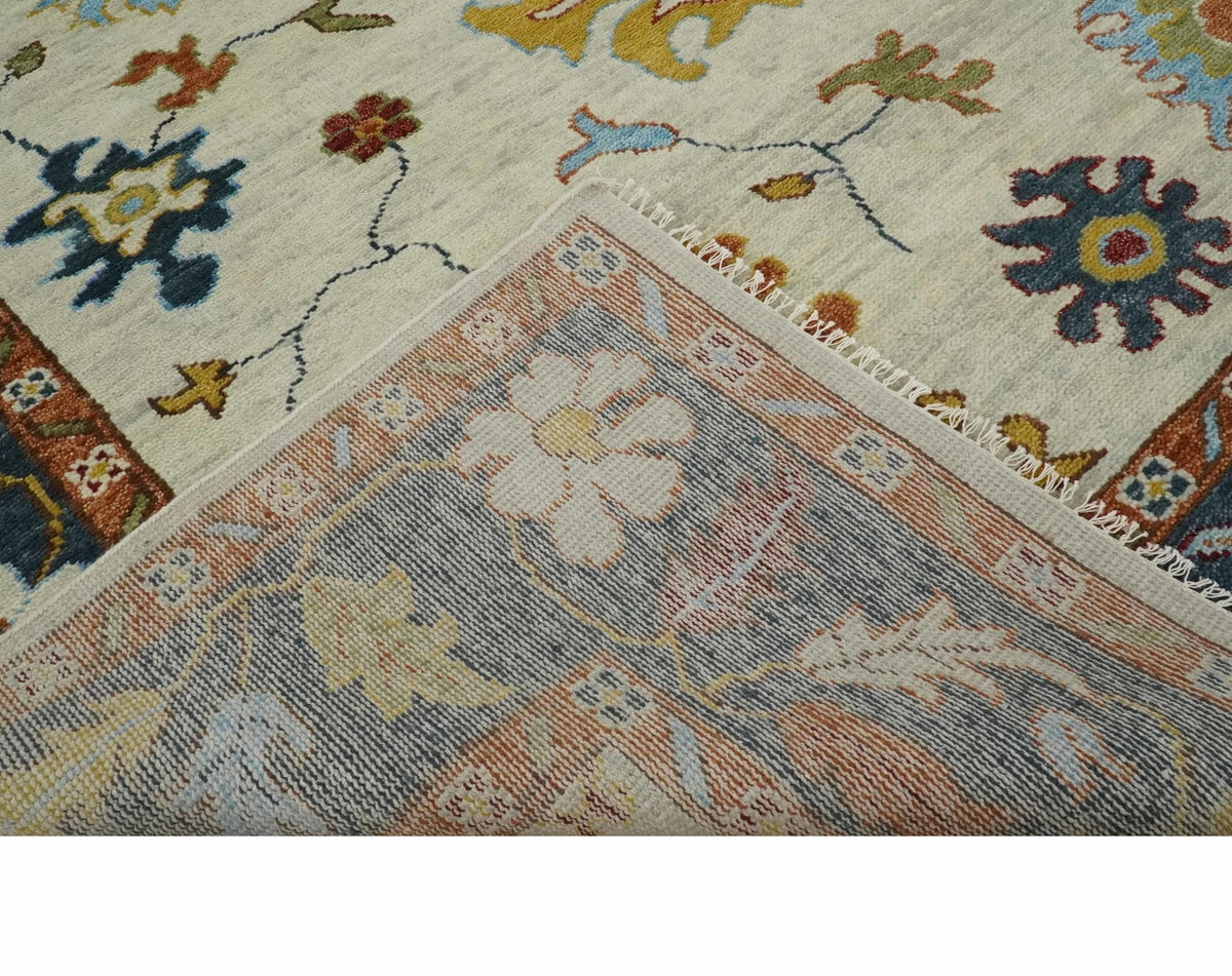 Hand Knotted Beige, Teal and Rust Traditional Oushak Multi size Wool Area Rug.