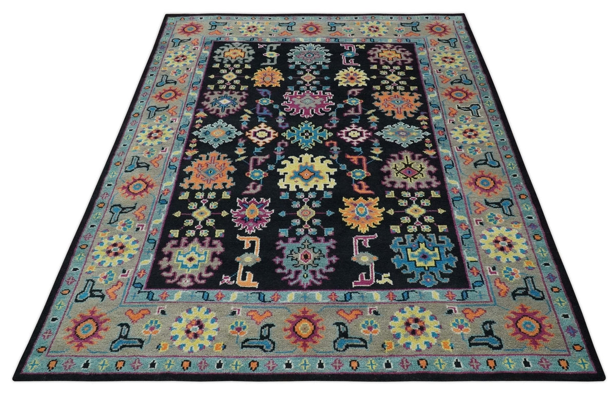 Vibrant Colorful Black, Beige, Purple and Blue Hand Knotted Traditional Oushak Custom Made wool Area Rug.
