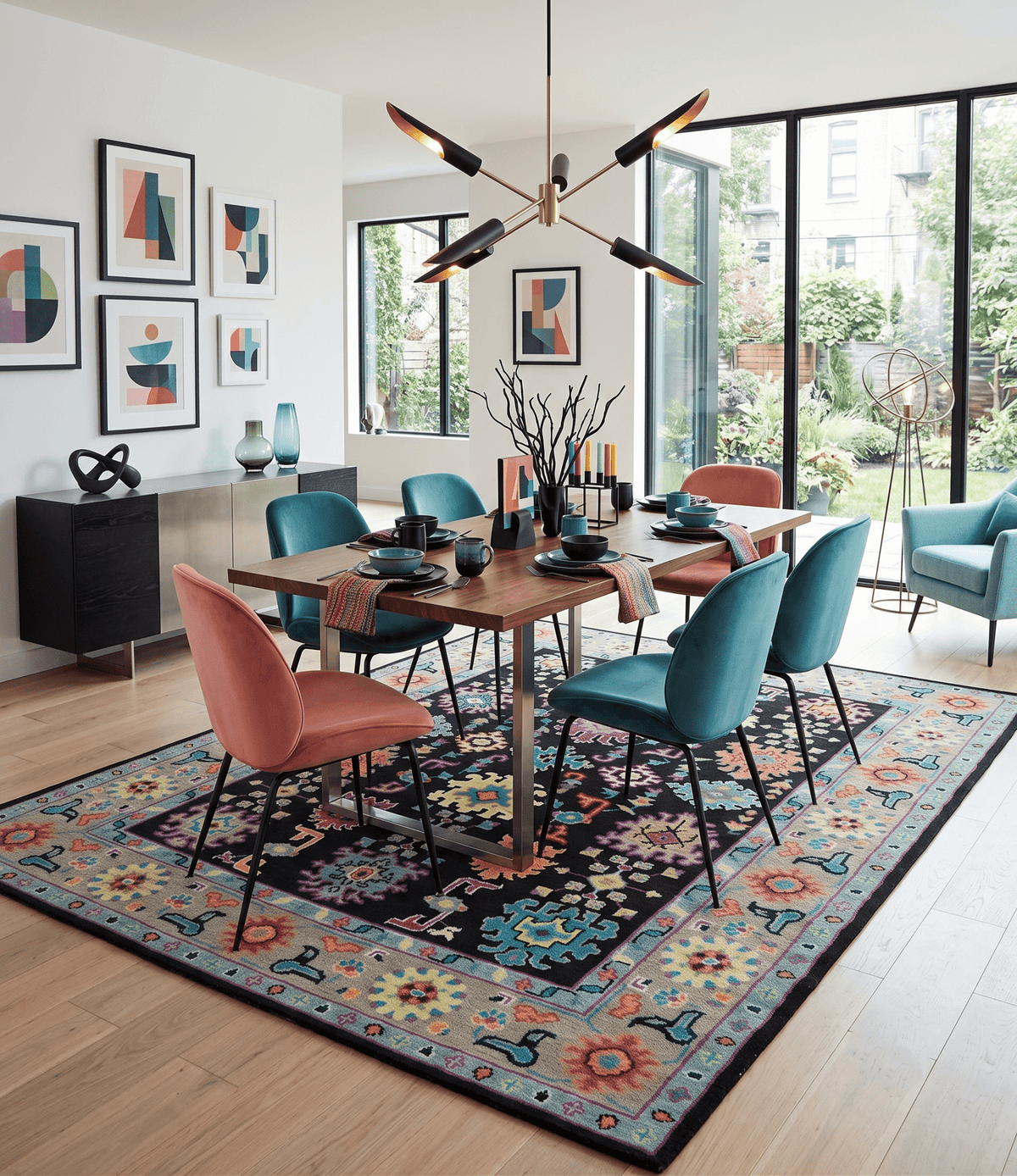 Vibrant Colorful Black, Beige, Purple and Blue Hand Knotted Traditional Oushak Custom Made wool Area Rug.