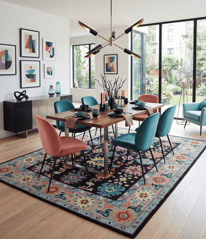 Vibrant Colorful Black, Beige, Purple and Blue Hand Knotted Traditional Oushak Custom Made wool Area Rug.