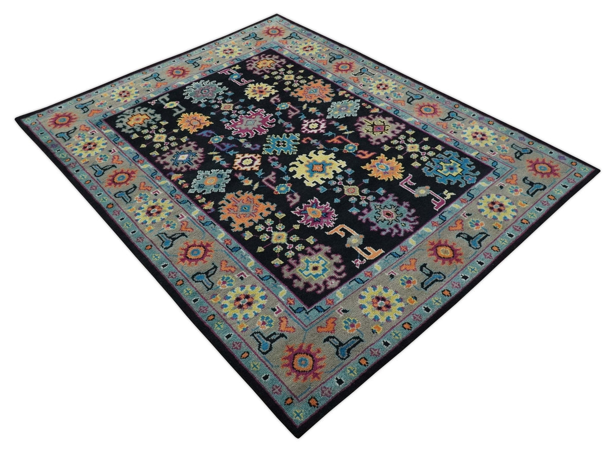 Vibrant Colorful Black, Beige, Purple and Blue Hand Knotted Traditional Oushak Custom Made wool Area Rug.