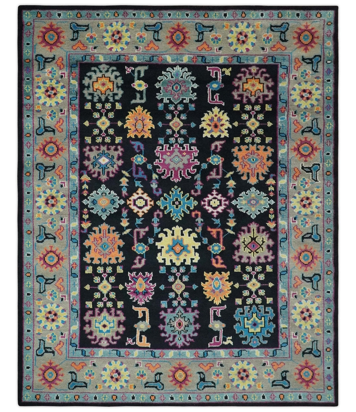 Vibrant Colorful Black, Beige, Purple and Blue Hand Knotted Traditional Oushak Custom Made wool Area Rug.