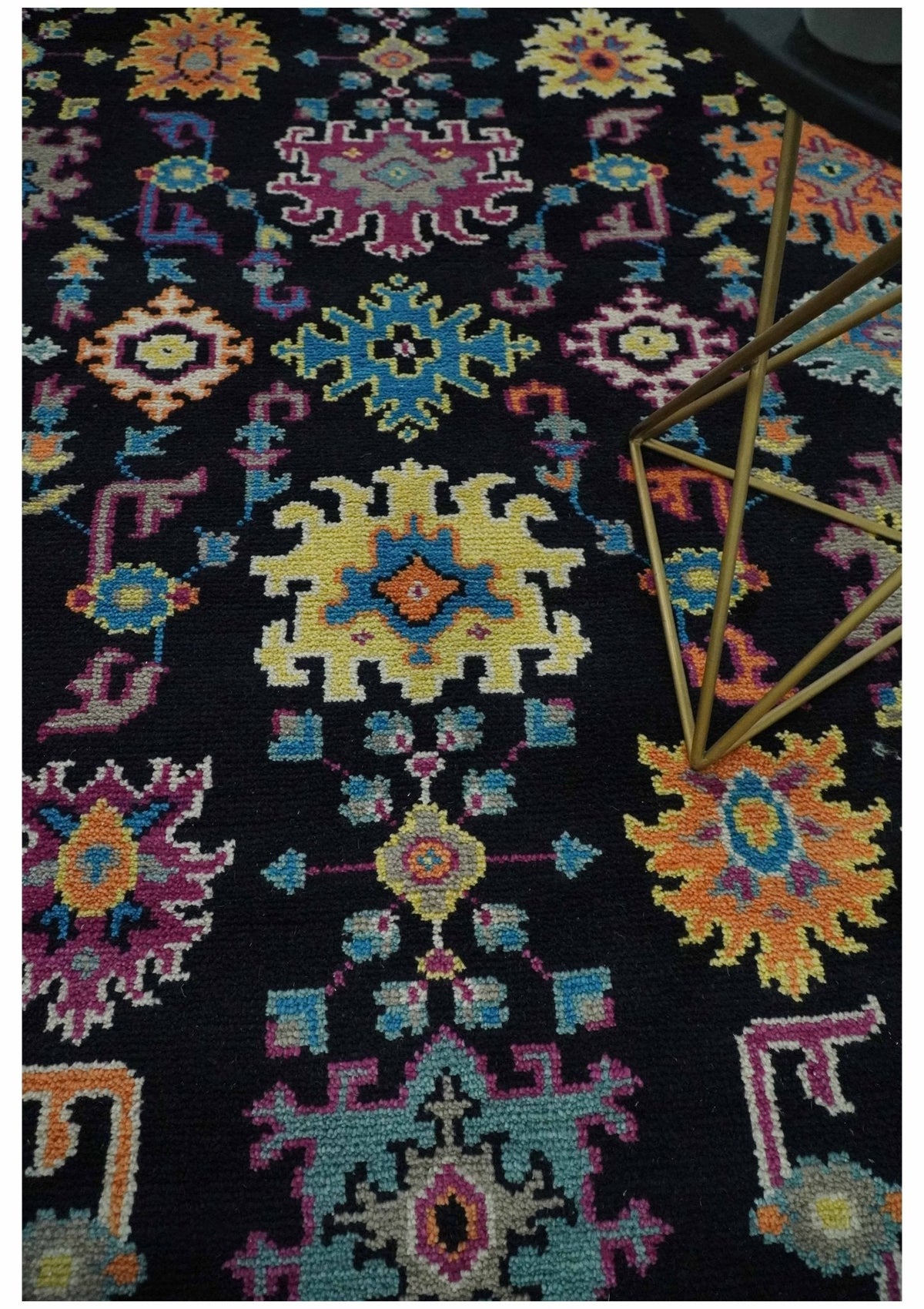 Vibrant Colorful Black, Beige, Purple and Blue Hand Knotted Traditional Oushak Custom Made wool Area Rug.