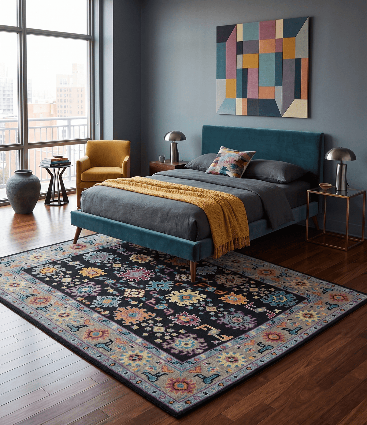 Vibrant Colorful Black, Beige, Purple and Blue Hand Knotted Traditional Oushak Custom Made wool Area Rug.