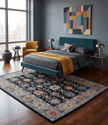 Vibrant Colorful Black, Beige, Purple and Blue Hand Knotted Traditional Oushak Custom Made wool Area Rug.